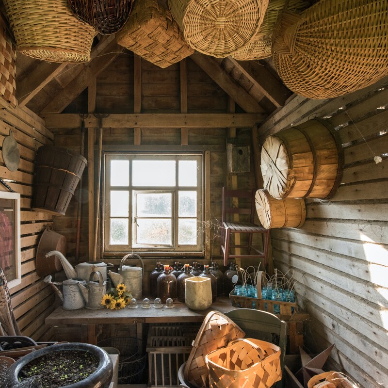 gardening shed with baskets