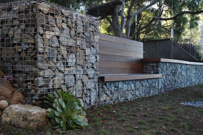 gabion walls with a wood bench incorporated